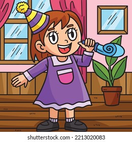 New Year Child Blowing Horn Colored Cartoon