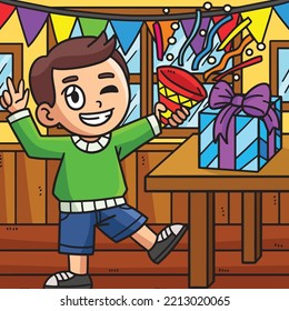 New Year Child Popping Confetti Colored Cartoon 