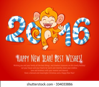 New year chinese celebration card with cute cartoon monkey - the symbol of 2016 