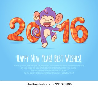 New year chinese celebration card with cute cartoon monkey - the symbol of 2016 