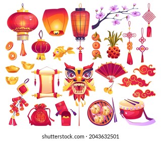 New Year chinese holiday symbols isolated icons set. Vector lantern lamp, sakura flower, tassel decoration and golden ingot knot. Paper dragon head, red hongbao envelope, gold bars and coins