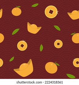 Patrón chino de Año Nuevo con mandarinas, dinero y oro. Colorido patrón de vacaciones sin fisuras para tarjetas, carteles, papel de envoltura, tela. Vector. 