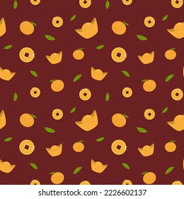 New Year Chinese pattern with tangerines, money and gold. Bright holiday seamless pattern for cards, posters, wrapping paper, fabric. Vector. 