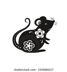 New Year Chinese rat zodiac 2020 black color with flowers isolated on white background for holiday card, invitation, party poster, flyer, decor element. Traditional rat cute style. Vector 10 eps