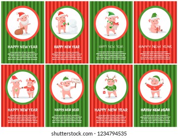 New Year Chinese symbol, pig animal building snowman vector. Winter holiday, piglet holding bauble giving presents gifts. Posters with text sample set