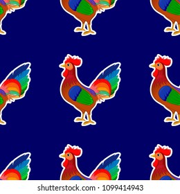 New Year with chinese symbol of rooster / The Year of Rooster / Rooster year Chinese zodiac symbol. Vector cock cartoon on a blue background.