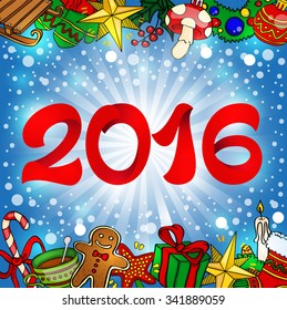 New Year Christmas. 2016 Festival. Toys, gifts, decor. Vector.
