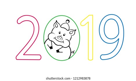 New year, Christmas, 2019. Piggy in numbers on white background. Color figures of the year 2019.