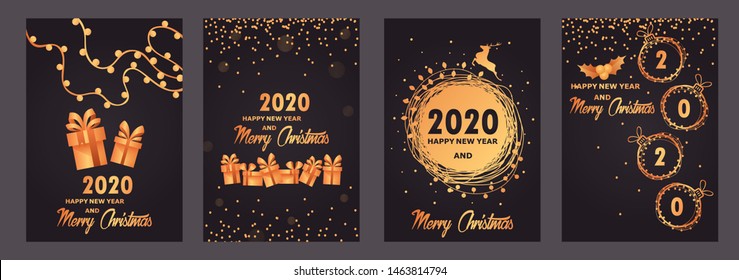 New Year and Christmas 2020. A set of templates for Christmas banners, cards, flyers, posters, covers. Golden gradient. EPS 10 Vector