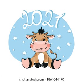 New Year and Christmas 2021, card with a bull. Flat cartoon design. Vector illustration isolated on white background. Chinese year of the bull, taurus