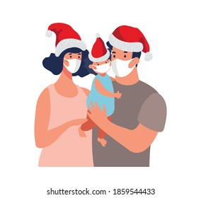 New Year and Christmas 2021 during the coronavirus pandemic, family wearing Santa hats and medical masks. Vector cartoon illustration isolated on white background