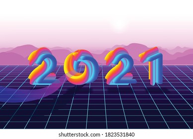 New Year or Christmas 2021 poster in computer virtual game space style with neon multicolored vector numbers and ribbon. The concept of stylish design congratulations on the holiday. Vector