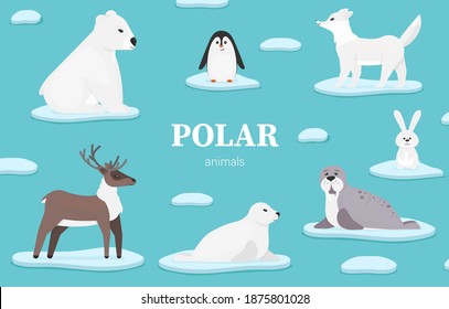 New Year and Christmas 2021 together with polar animals
Collection of sea animals on ice floes around the inscription: penguin, hare, fur seal, wolf, deer, bear, seal, walrus.
Vector illustration