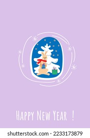 New Year and Christmas 2023 celebration concept with bunny in flat style. Christmas cards with cute rabbits.
