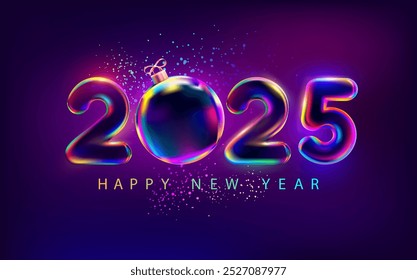 New year and christmas 2025. Bright iridescent numbers on dark background. Night lettering design.