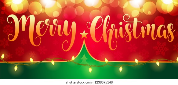 New Year Christmas 3d template, used for a banner, poster red background full of falling snowflakes, bright Christmas lights on them, vector illustration realistic
