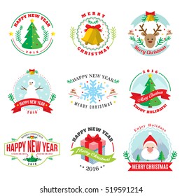 New Year and Christmas 9 logotype collection. Christmas holidays round icons set. 