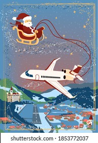 New Year and Christmas A5 card design with Santa Claus flying on an airplane over a town in winter. Vector illustration of a village mountain landscape and Father Christmas in a sleigh in the sky