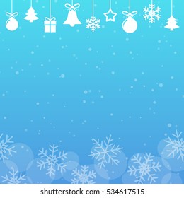 New Year and Christmas abstract background, classic symbolic toys on smooth blue gradient, square size