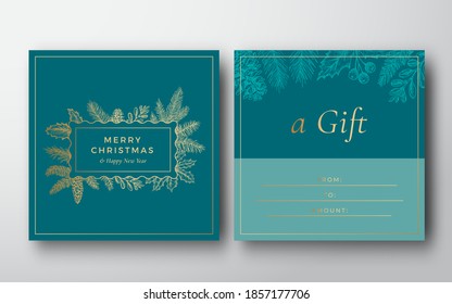 New Year and Christmas Abstract Vector Greeting Gift Card Background. Back and Front Design Layout with Classy Typography. Sketch Frame with Pine Twigs, Strobile, Holly and Mistletoe. Isolated.