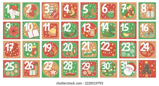 New Year and Christmas advent calendar with holiday elements. Xmas Poster and calendar for december with numbers 1 to 31. Vector illustration for celebration preparation in trendy style.