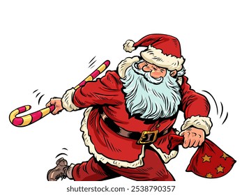 New Year and Christmas are approaching. Santa Claus is running with a cane, lollipop and a bag of gifts. Limited offer for customers in winter. Pop Art Retro Vector Illustration Kitsch Vintage 50s 60s