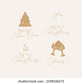 New Year and Christmas art deco labels with lettering drawing in modern vintage line style on beige background