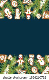 New Year Christmas background. 2021. Seasonal pattern. Festive curly cookies. Color image of sweet gingerbread with decorative elements. Vertical layout. There is room for text. Vector illustration.