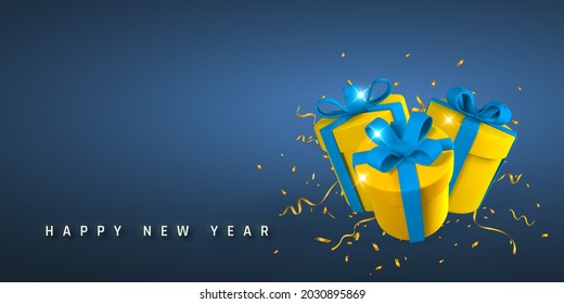 New Year and Christmas background. 3D realistic gift boxes with bow and confetti. Vector illustration.