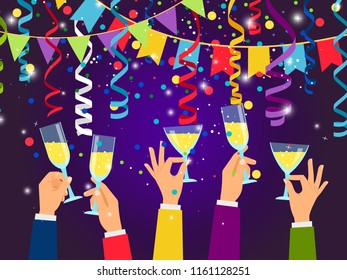 New Year and Christmas background or banner with conffetti, serpentine, champagne glasses, vector illustration