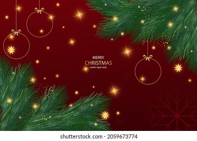 New Year and Christmas background. Branches of a Christmas tree with Christmas balls on a dark background.