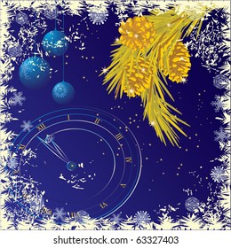  New Year or Christmas  background with branches of pine and Christmas-tree decorations