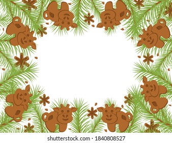 New Year and Christmas background. The bull is the symbol of 2021. A multi-colored image of cookies in the form of a bull, snowflakes and spruce branches. There is room for text. Design element. 