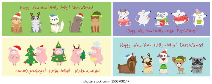 New year and Christmas background with cats, dogs, pigs and rast - symbols of the year. Simple illustration for the greeting card