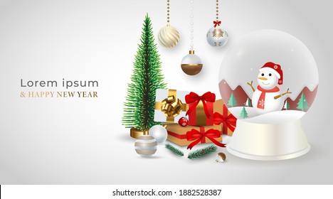 New year and Christmas Background. Celebrate party 2021. Snowman isolated in glass ball. Hanging Glass balls. Gift boxes with ribbon. Bright Winter holiday composition. Greeting card, banner, poster. 