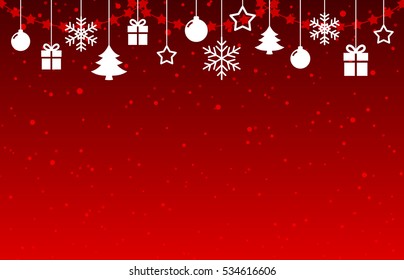 New Year and Christmas background, classic symbolic toys on smooth red gradient