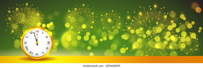 NEW YEAR, CHRISTMAS BACKGROUND CONCEPT ,VECTOR ILLUSTARTION, BEAUTIFUL COLURFUL LIGHT BOKEH WITH GOLDEN WATCH