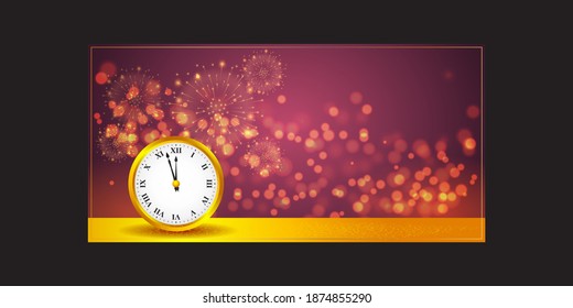 NEW YEAR, CHRISTMAS BACKGROUND CONCEPT ,VECTOR ILLUSTARTION, BEAUTIFUL COLURFUL LIGHT BOKEH WITH GOLDEN WATCH