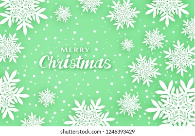 New Year, Christmas background. Creates comfort. Volumetric snowflakes with shadows in green tones. For congratulations and design. 10 eps