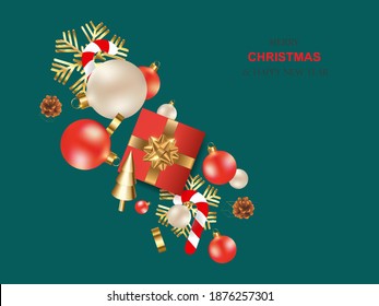 New Year Christmas. Background design, Christmas trees, candies, decorative balls, gifts. Festive poster, web banner, header for website. Winter composition with traditional elements.