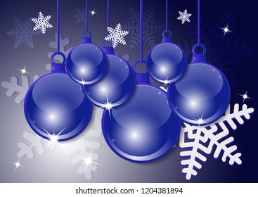 New Year, Christmas background with festive balls. Snowflakes. Design and decoration. Vector illustration.