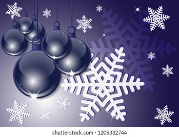 New Year, Christmas background with festive balls. Snowflakes. Design and decoration. Vector illustration.