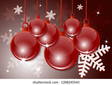 New Year, Christmas background with festive balls. Snowflakes. Design and decoration. Vector illustration.