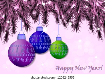 New Year, Christmas background with festive balls and fir branches. Design and decoration. Vector illustration.
