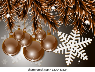 New Year, Christmas background with festive balls and fir branches. Snowflakes. Design and decoration. Vector illustration.