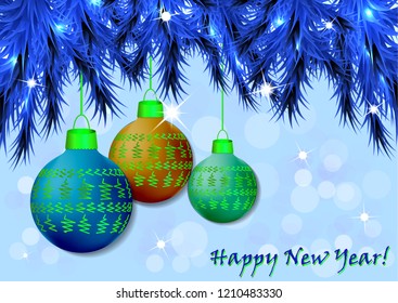 New Year, Christmas background with festive balls and fir branches. Design and decoration. Vector illustration.