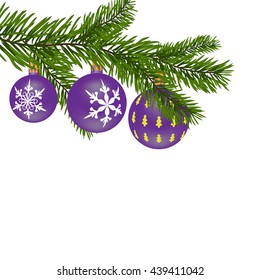 New Year or Christmas background. Fir tree branch with purple balls with a pattern. Vector illustration