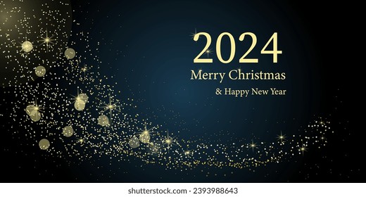 New Year and Christmas background with glow gold shiny icons. 2024 year. Christmas background for greeting card. Christmas greeting card. Dark background. Vector illustration