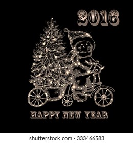 New  Year and Christmas background. Hand drawn Snowman, bicycle and xmas tree.