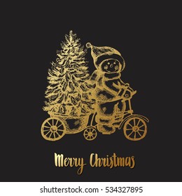 New Year and Christmas background. Hand drawn Snowman on bicycle and xmas tree with gold foil texture.